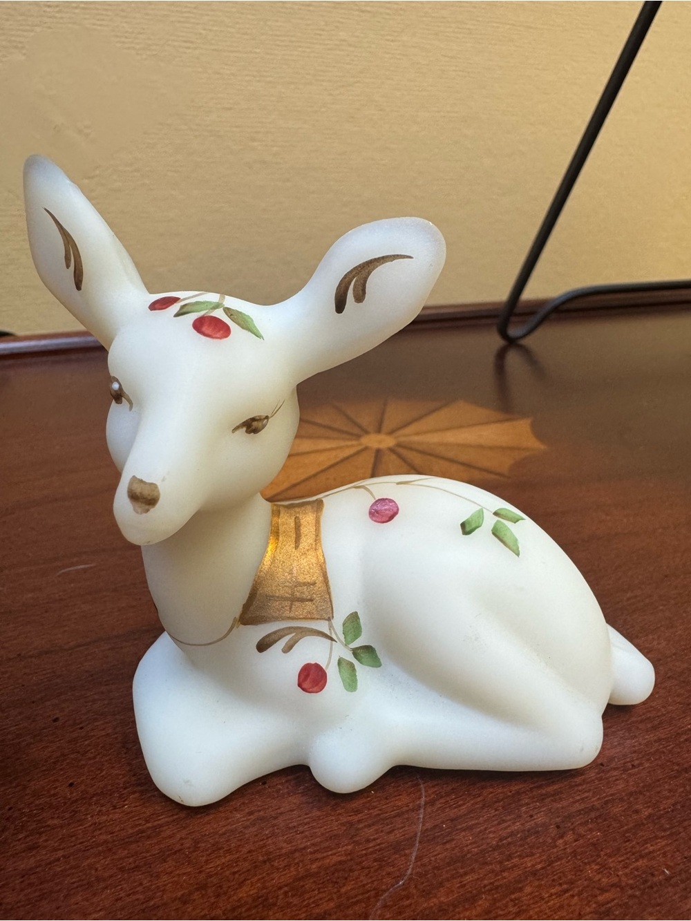 Fenton vintage White Glass Deer Figurine with Gold & Red Floral Accents